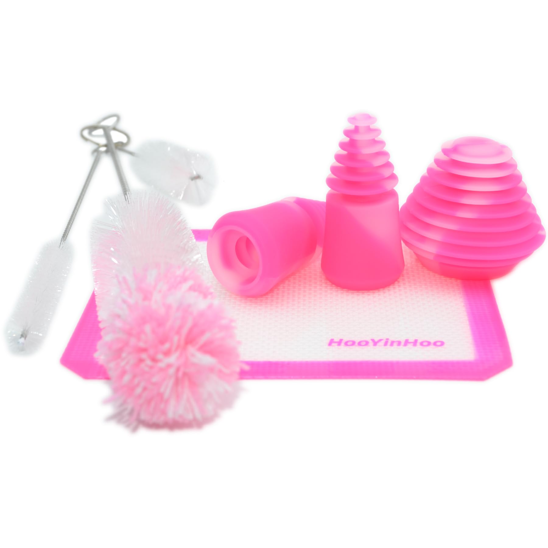 HooYinHoo 7-Piece Cleaning Kit with Bottle Brush, Cleaning Plugs & Caps, and Non-Slip Mat - Pink & White Set for Baby Bottles, Water Bottles, and Kitchenware Cleaning