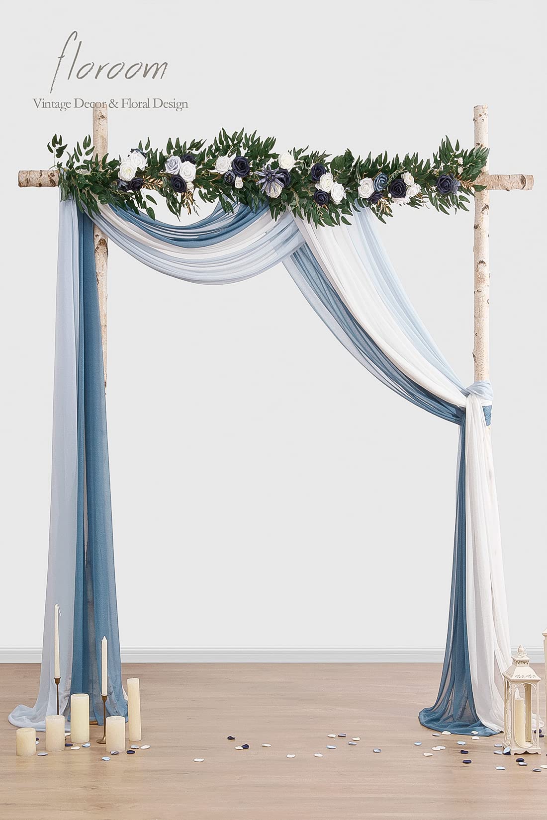 Floroom 20Ft Chiffon Wedding Arch Draping Fabric - 3 Panel Dusty Blue, Powder Blue & White Swag Decor for Wedding Ceremony, Reception & Outdoor Events