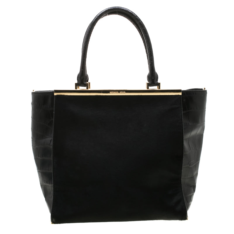 Luxury Black Calf Hair & Crocodile Embossed Leather Large Lana Tote Bag for Women - Elegant Designer Handbag for Work, Travel & Everyday Use
