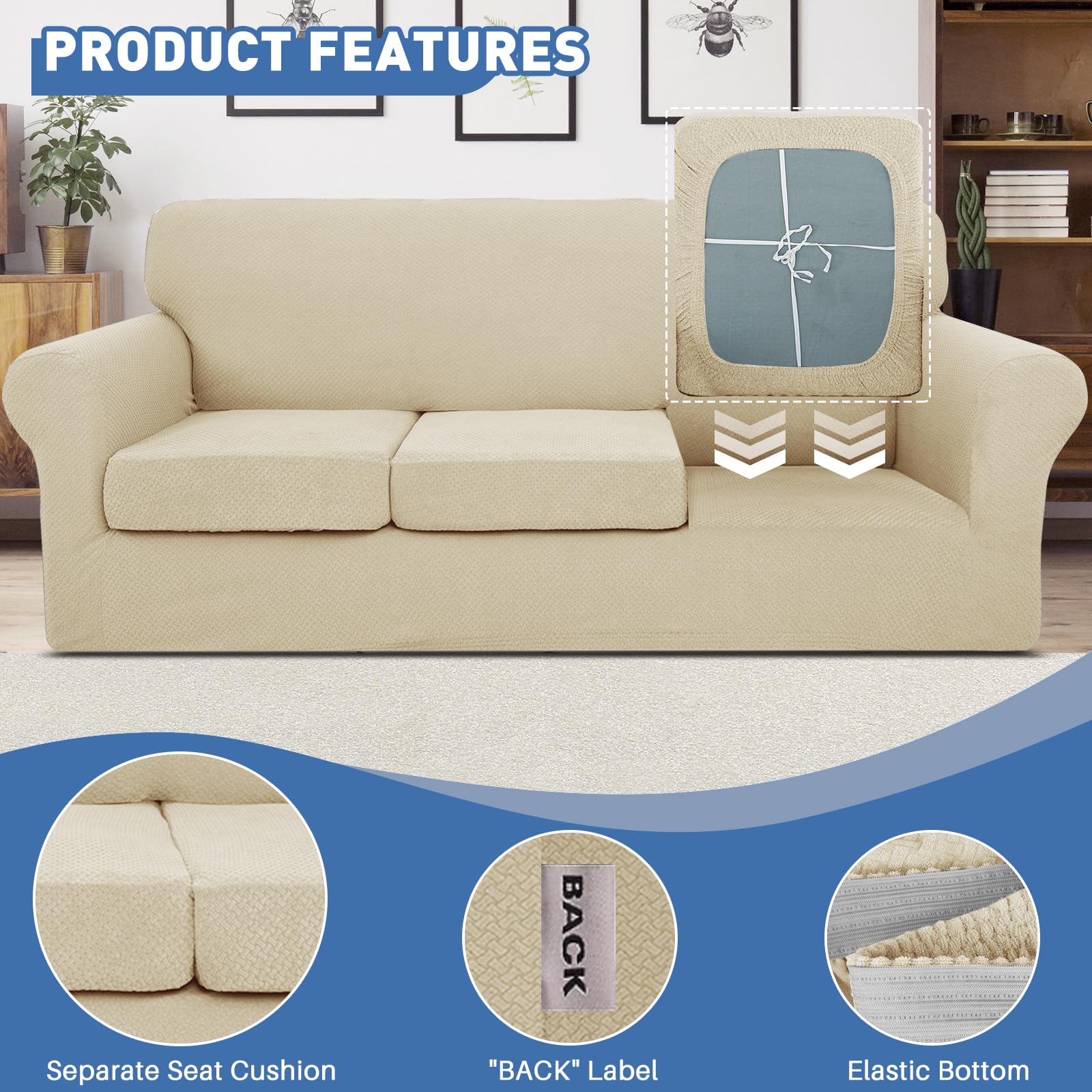 JIVINER 4-Piece Stretch Sofa Slipcover Set with 3 Extra Large Cushion Covers - Thick Fitted Couch Cover for 3-Cushion Sofa in Light Beige - Perfect for Living Room, Family Room & Home Decor (XL Size)