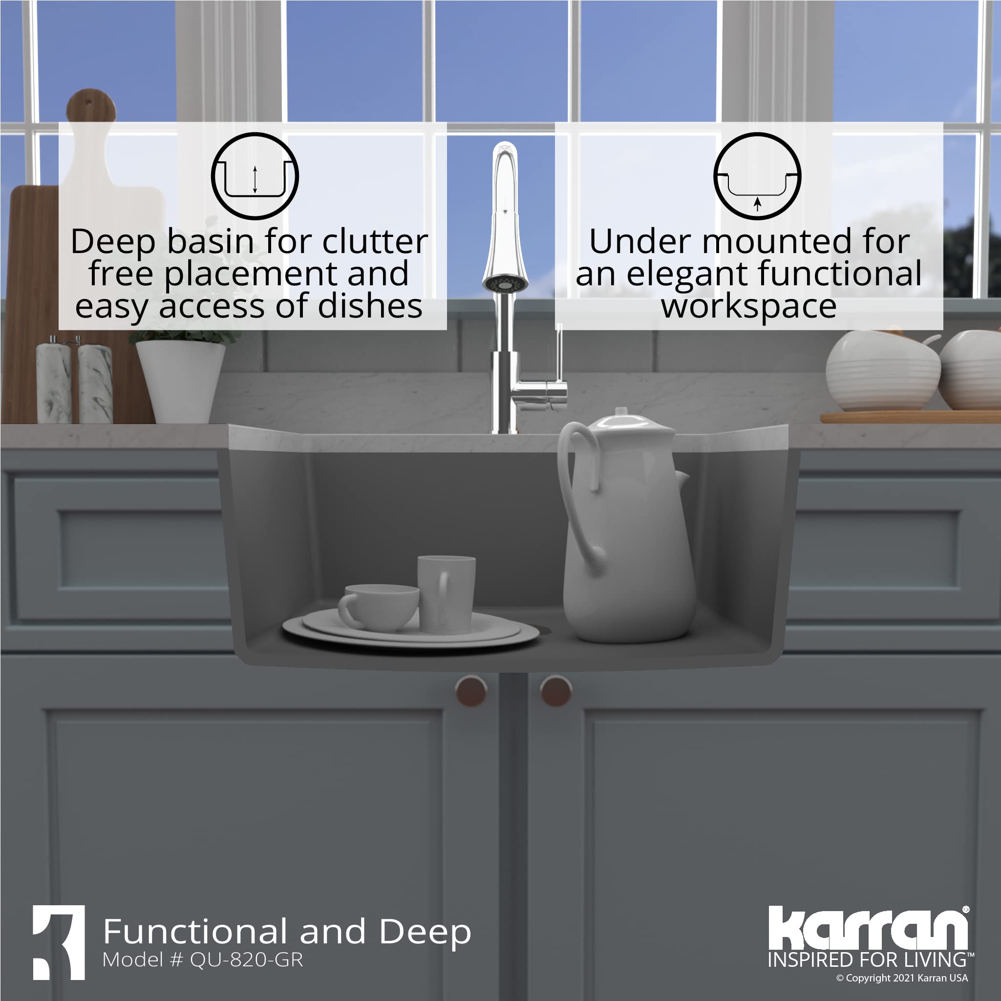 Karran QU-820 Undermount 24.38 Inch Single Bowl Quartz Kitchen Sink Kit in Grey - Durable Stain-Resistant Sink for Modern Kitchens & Food Prep Areas