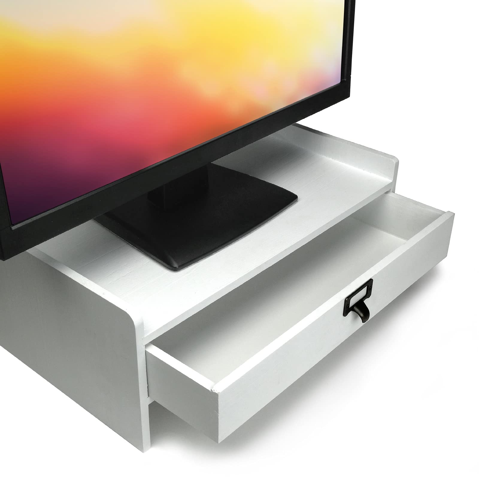 Excello Wooden Monitor Stand with Drawer - White Desktop Organizer for Notebooks, Pens, Pencils & Office Supplies | Perfect for Home Office, Workstation & Computer Desk Setup