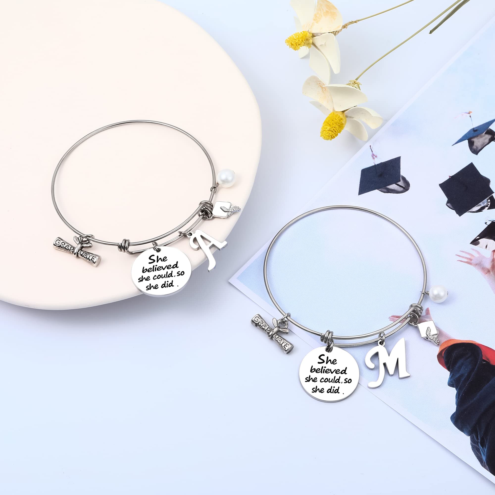 GLIVEOR Graduation Bracelet for Women - Stainless Steel Initial Bracelet with Cap Charm - High School & College Graduation Gift for Her 2022 - Perfect for Commencement Ceremony & Graduation Party