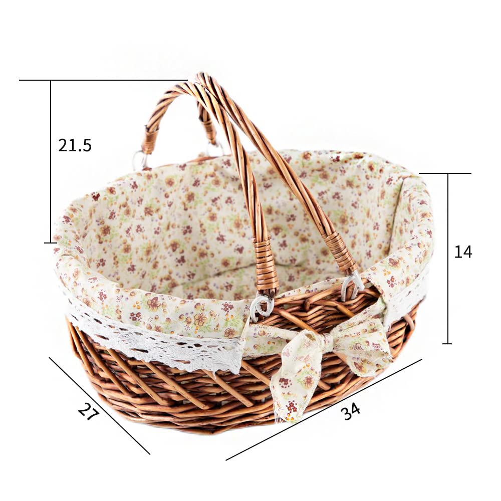 YRJJ Oval Woven Willow Picnic Basket with Handles & Removable Liner - Easter Egg Storage, Candy Holder, Fruit Serving Basket, Kids Toy Organizer - Perfect for Outdoor Picnics, Easter Decor, and Home Organization