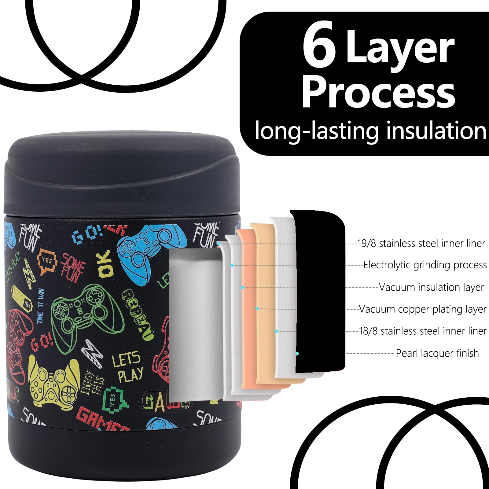 12oz Vacuum Insulated Stainless Steel Food Thermos - Leak-Proof Hot & Cold Lunch Container for Kids - Perfect for School, Picnics & Outdoor Activities (Black-Game Pattern)