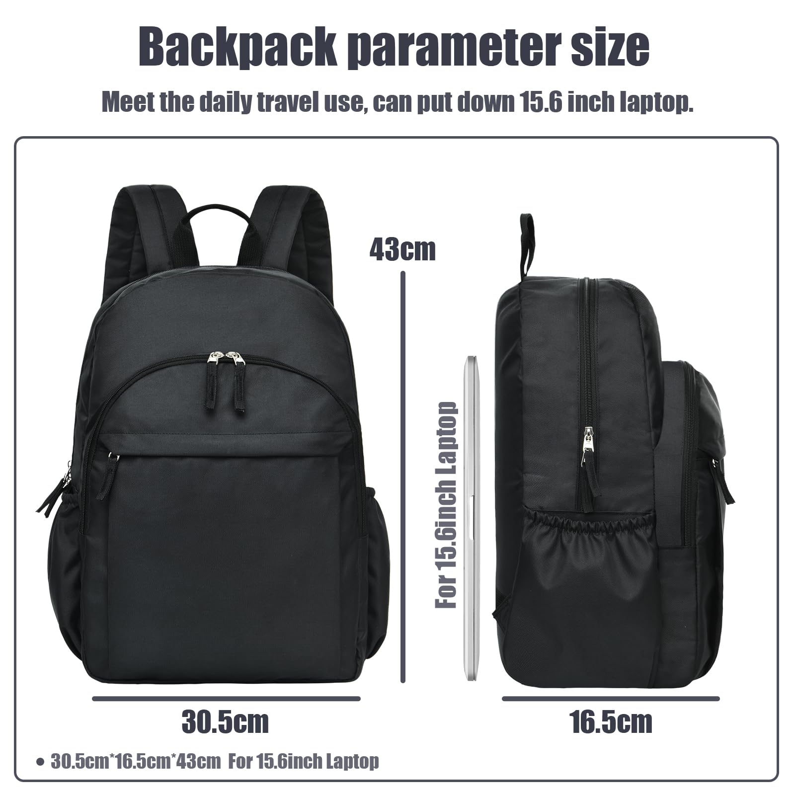 Classic Water-Resistant Black Backpack for School, College, Travel & Work - Durable Laptop Bookbag for Men, Women & Students - Perfect for Commuting, Campus & Business Trips (Black)