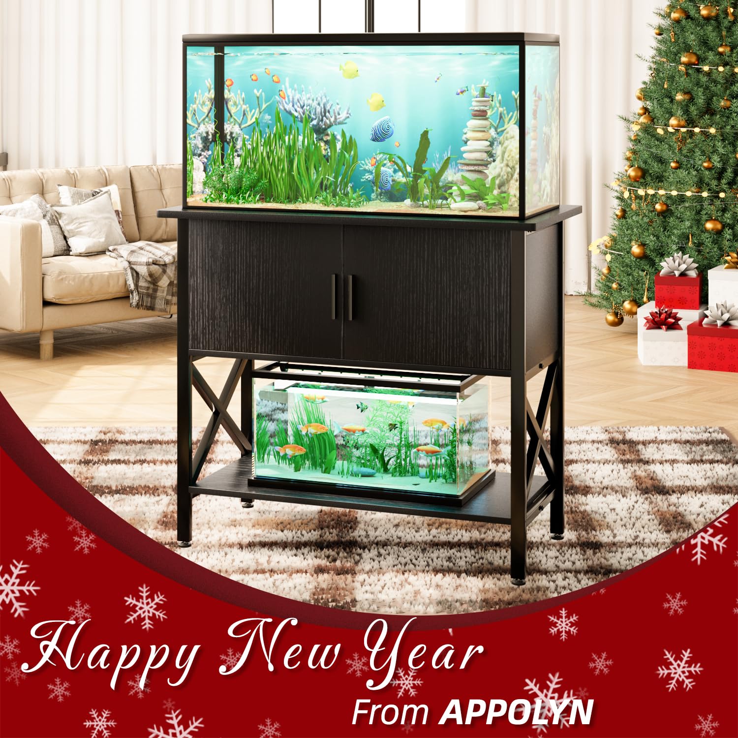 40-50 Gallon Heavy Duty Aquarium Stand with Storage Cabinet - Black Fish Tank Stand for Reptile & Turtle Terrariums - Perfect for Home, Office, or Pet Store Display