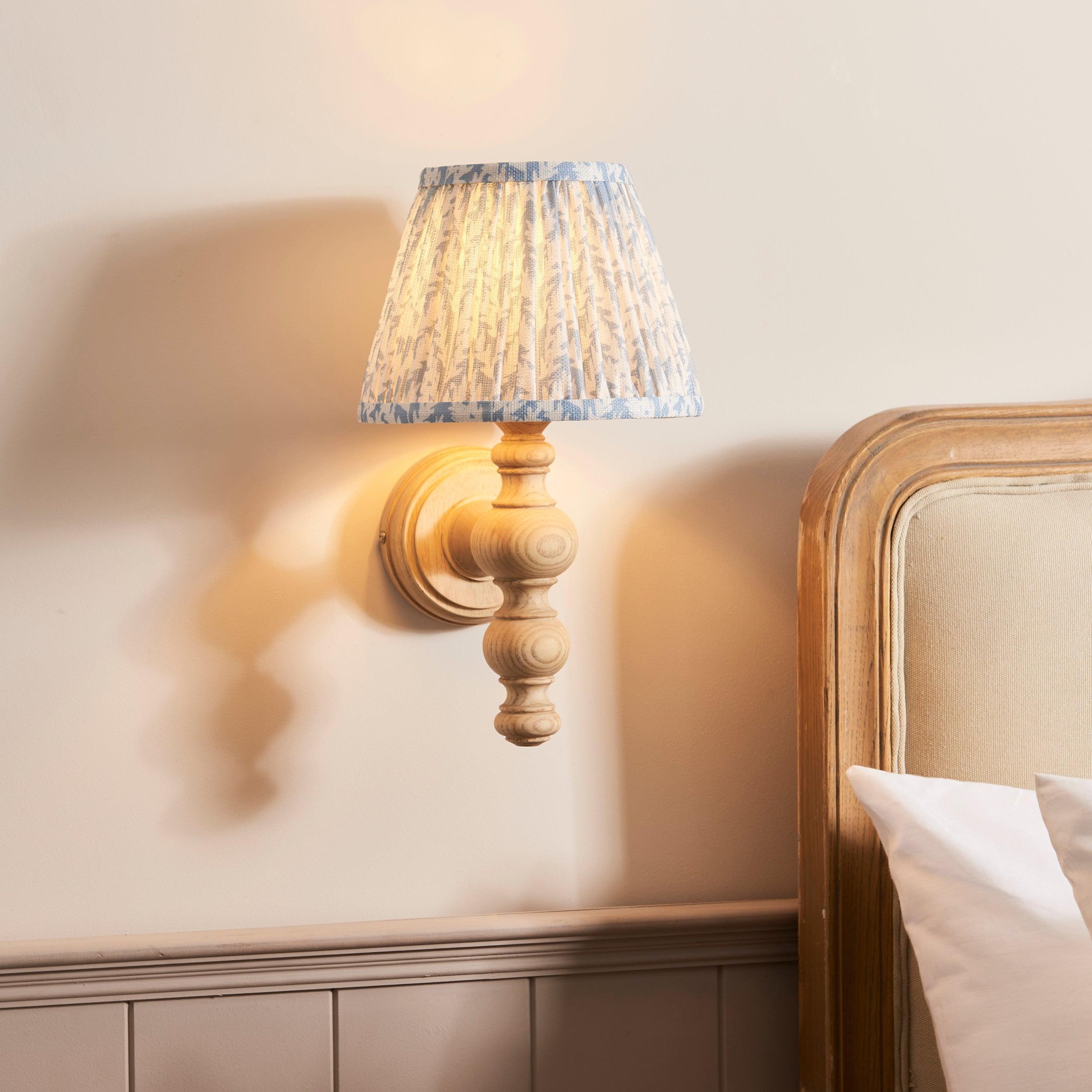Bibury 20cm Wooden Wall Light with Leaf Design & Shell Bay Blue Shade - Perfect for Living Room, Bedroom, or Hallway Decor