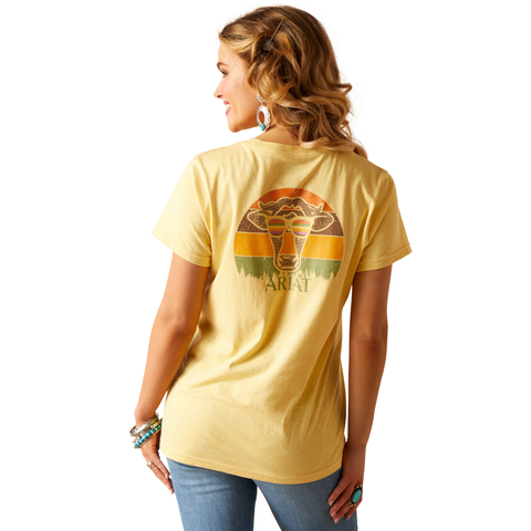 Women's Cow Sunset Short Sleeve T-Shirt in Jojoba Yellow - Casual Summer Top for Beach, Travel & Everyday Wear