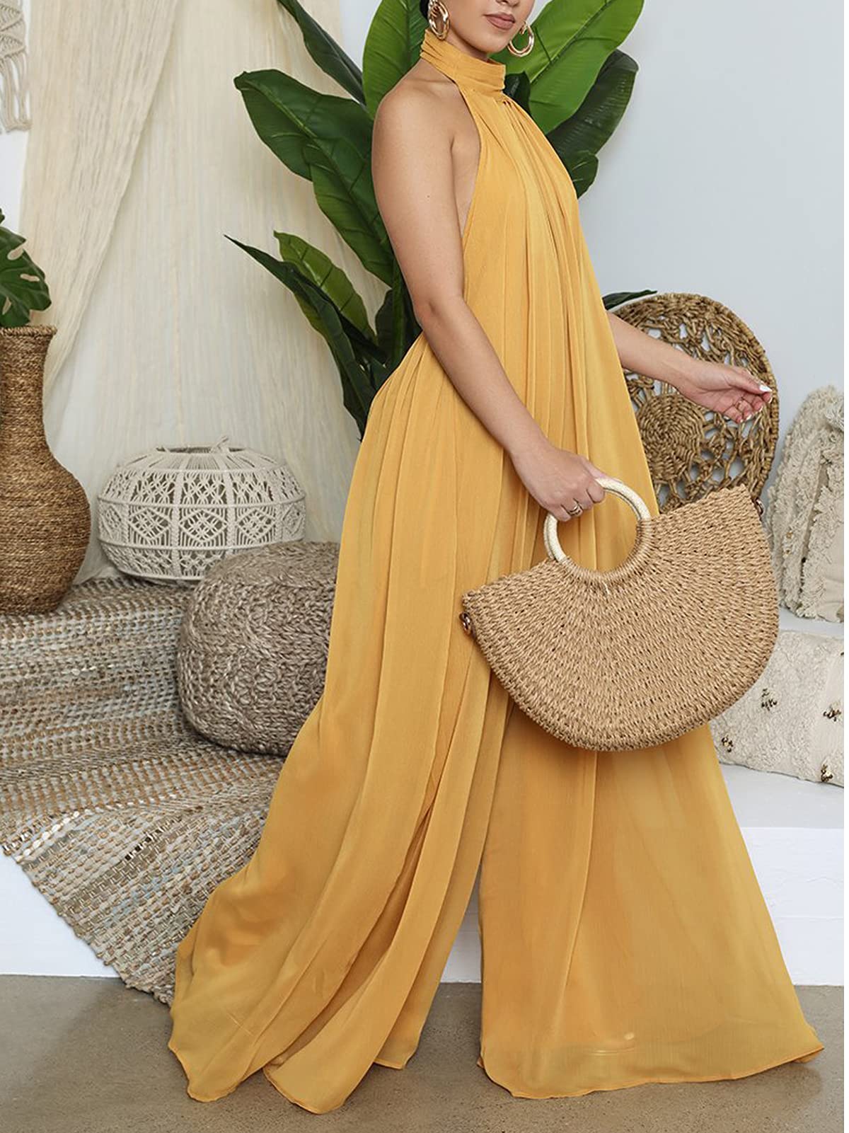 Ekaliy Women's Sexy Summer Jumpsuit - Halter Neck Sleeveless Chiffon Wide Leg Romper One Piece Outfit for Beach Vacation, Party & Date Night