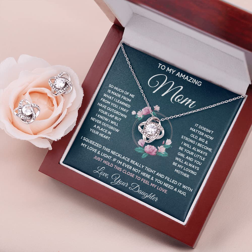 Mother Daughter Necklace Set - Sterling Silver Heart Pendant Jewelry Gift for Mom, Birthday, Christmas, Mother's Day - Includes LED Gift Box & Matching Earrings - Perfect for Anniversaries, Valentine's Day & Special Occasions