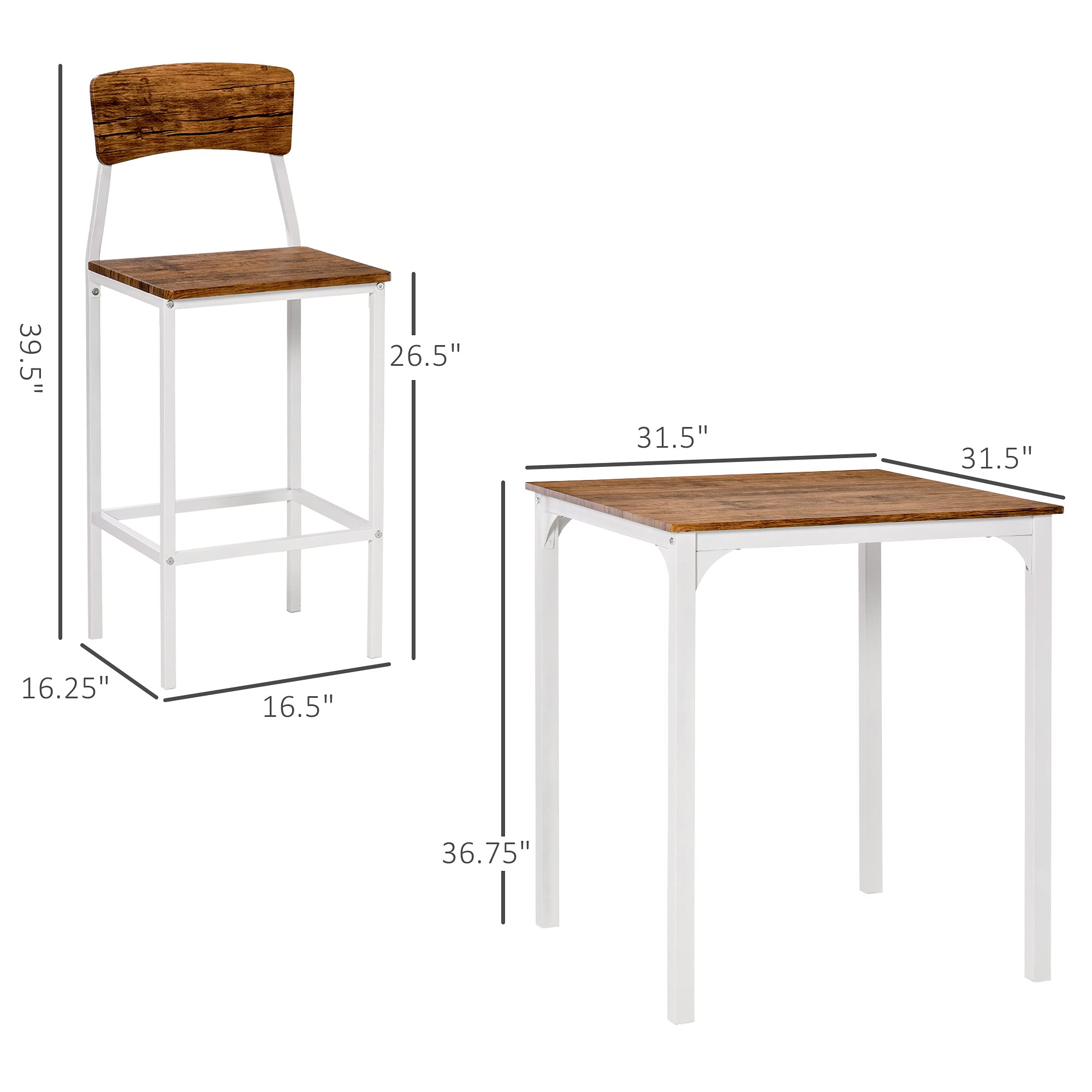 HOMCOM 3-Piece Counter Height Bar Table and Chairs Set, Industrial Style Small Dining Table Set for 2, Square Kitchen Table with Stools, Steel Frame in Walnut & White - Perfect for Small Spaces, Breakfast Nooks, and Modern Apartments