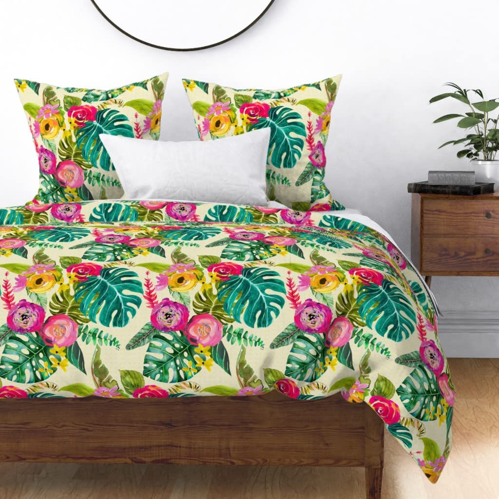 Boho Tropical Floral Cotton Sateen Duvet Cover Full/Queen - Custom Bohemian Paradise Print Bedding Set for Bedroom Decor | Spoonflower