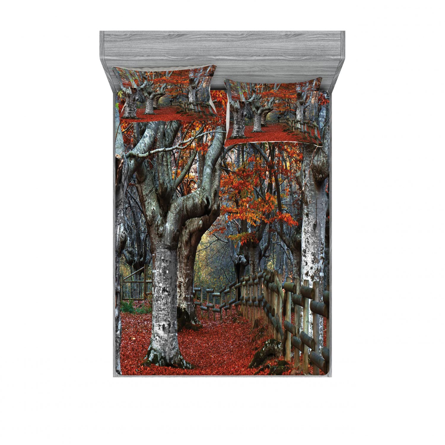 Ambesonne 4-Piece Queen Size Bedding Set - 2 Fitted Sheets & 2 Pillow Shams, Beech Forest Autumn Pattern in Grey Red, Soft Microfiber Sheets for Fall Decor | Perfect for Guest Rooms, Vacation Homes & Cozy Autumn Bedroom Makeovers