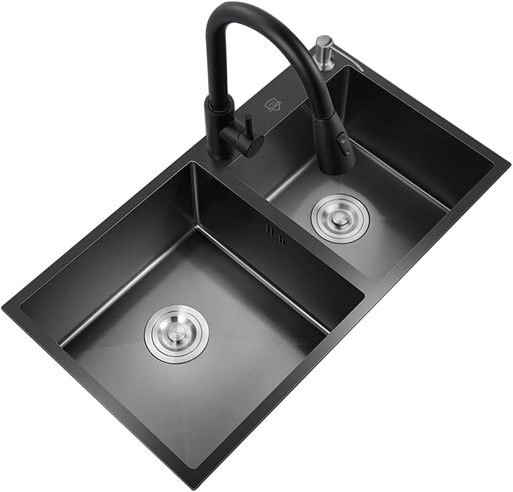 Black Stainless Steel Kitchen Sink with Faucet - Large Capacity Double Basin Nano Sink with Drain & Soap Dispenser - Perfect for Modern Homes & Restaurant Kitchens