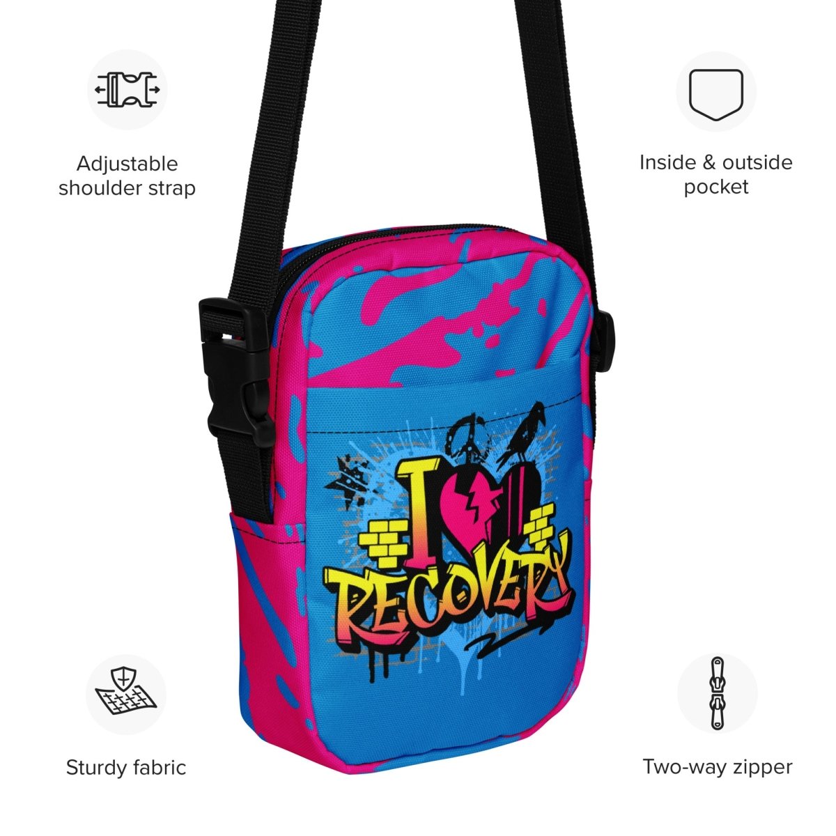I Heart Recovery Graffiti Crossbody Bag - Stylish Unisex Shoulder Bag for Everyday Use, Perfect for Work, Travel & Casual Outings