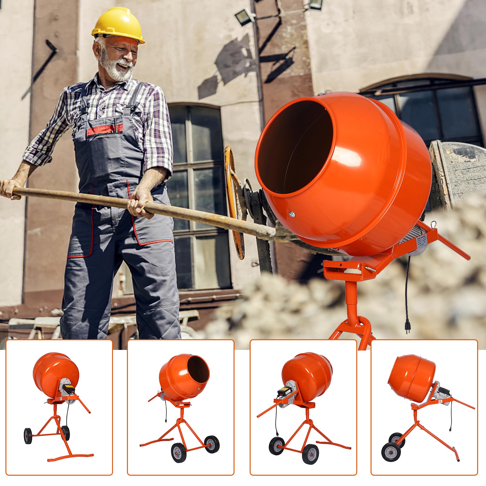 5 CU FT Electric Cement Mixer with Wheels & Stand - 120V Portable Concrete Mixer for Stucco, Mortar, Seeds & Fodder - Ideal for Construction, Gardening & Farm Use