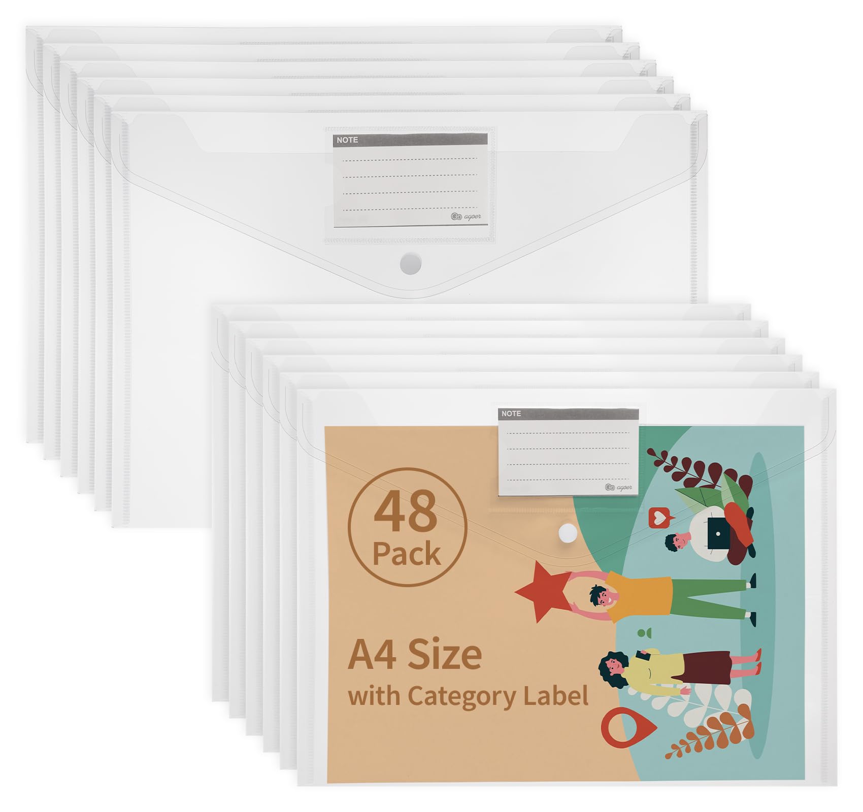 48pcs A4 & Letter Size Plastic Envelopes with Snap Button - Waterproof Document File Folders with Label Pocket - Clear Poly Envelopes for Office, School, Home Organization & Document Storage (Transparent) - Perfect for Filing, Mailing & Organizing Important Papers