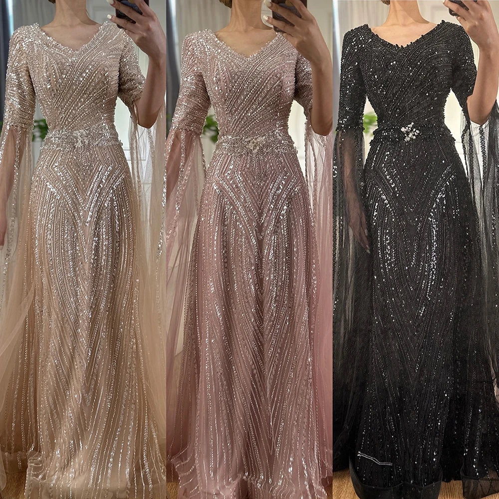 Luxury Dubai Caramel A-Line Beaded Saudi Arabic Evening Gown with Cape Sleeves - Elegant Wedding Party Dress for Brides, Formal Events & Special Occasions | LA72798