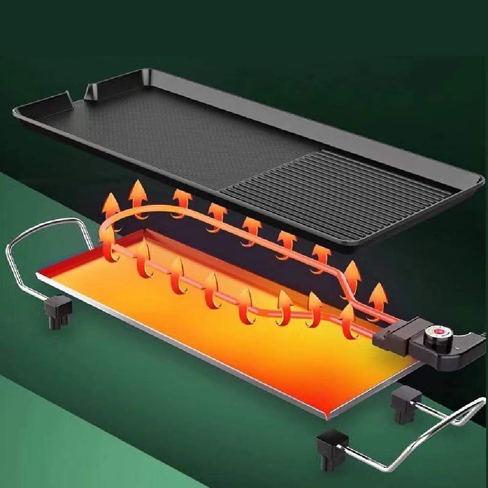 Electric Griddle Grill - 48cm x 28cm Non-Stick Smokeless BBQ Pan with 5-Level Temperature Control, Waterproof Coating for Indoor/Outdoor Use - Perfect for Family Gatherings, Camping Trips & Backyard Parties