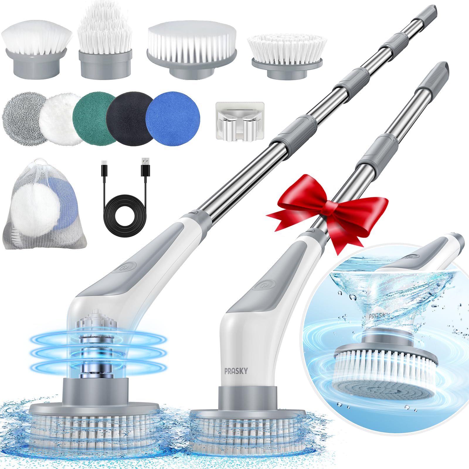 Electric Spin Scrubber - Cordless IPX8 Waterproof Shower Cleaning Brush with 9 Replacement Heads & 4 Adjustable Handles, Dual Speed Extendable Power Scrubber for Bathroom, Kitchen, Bathtub, Tile, Window - Perfect for Deep Cleaning Grout, Shower Doors, and Hard-to-Reach Areas