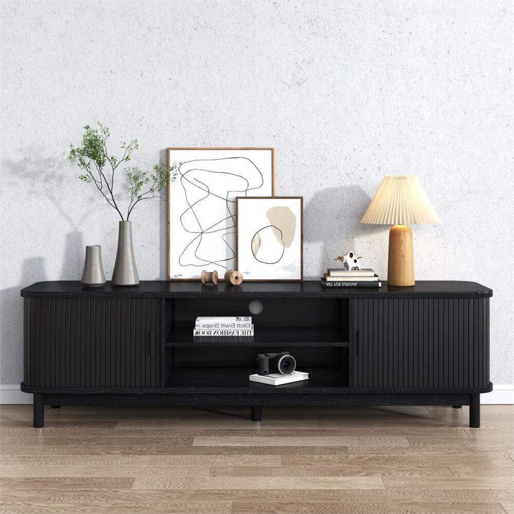 160cm Ribbed Black TV Stand with Storage - Modern Entertainment Center for Living Room, Bedroom & Home Theater