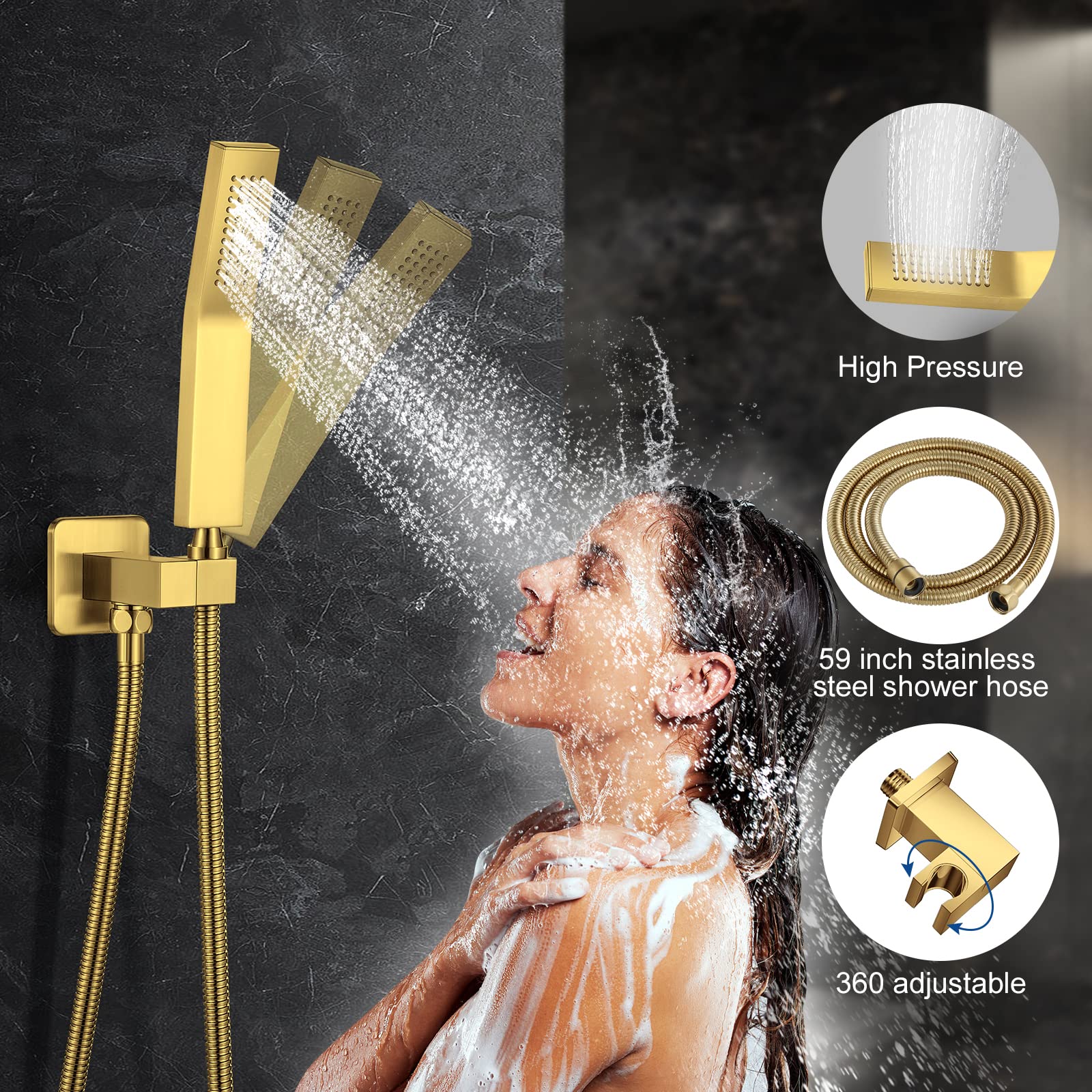 JOMEOO 12 Inch Brushed Gold Shower System - Wall Mounted High Pressure Rainfall Shower Head with Handheld Sprayer, Luxury Bathroom Shower Faucet Set with Rough-in Valve & Trim for Spa-Like Experience