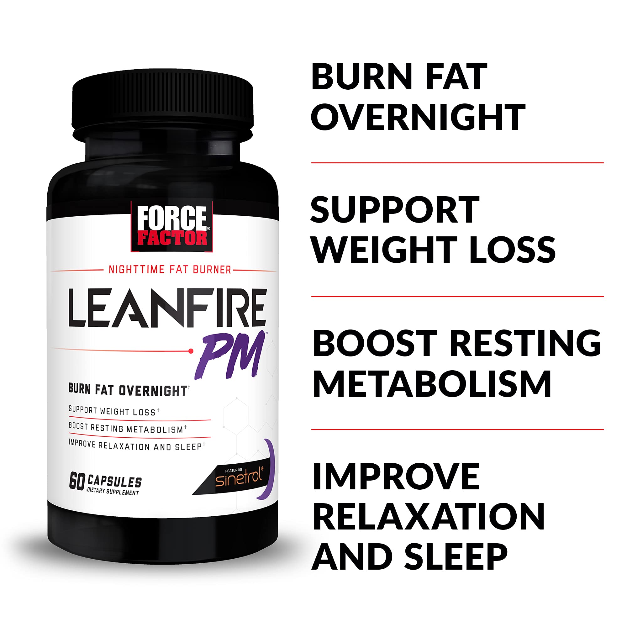 Force Factor LeanFire PM - Premium Weight Loss Pills for Women & Men | Fat Burner & Metabolism Booster with Melatonin | 60 Capsules (2-Pack) | Supports Overnight Fat Burning & Better Sleep | Ideal for Nighttime Weight Management & Fitness Goals