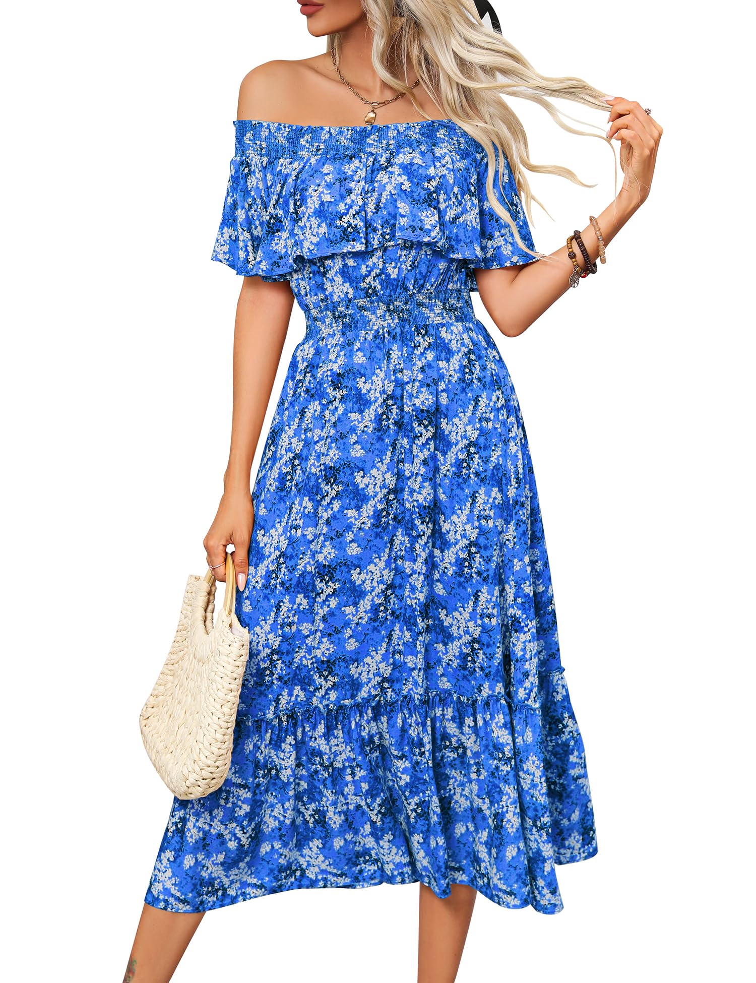 Prettywear Women's 2025 Spring Summer Boho Off Shoulder Midi Dress - Floral Print Short Sleeve A-Line Casual Beach Dress for Vacation, Party & Date Night