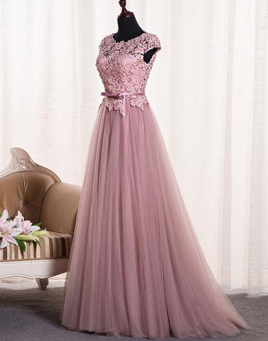 Elegant Dusty Pink Open Back Cap Sleeve Long Evening Prom Dress - Custom Made Formal Gown for Homecoming, Wedding Guest & Special Occasions