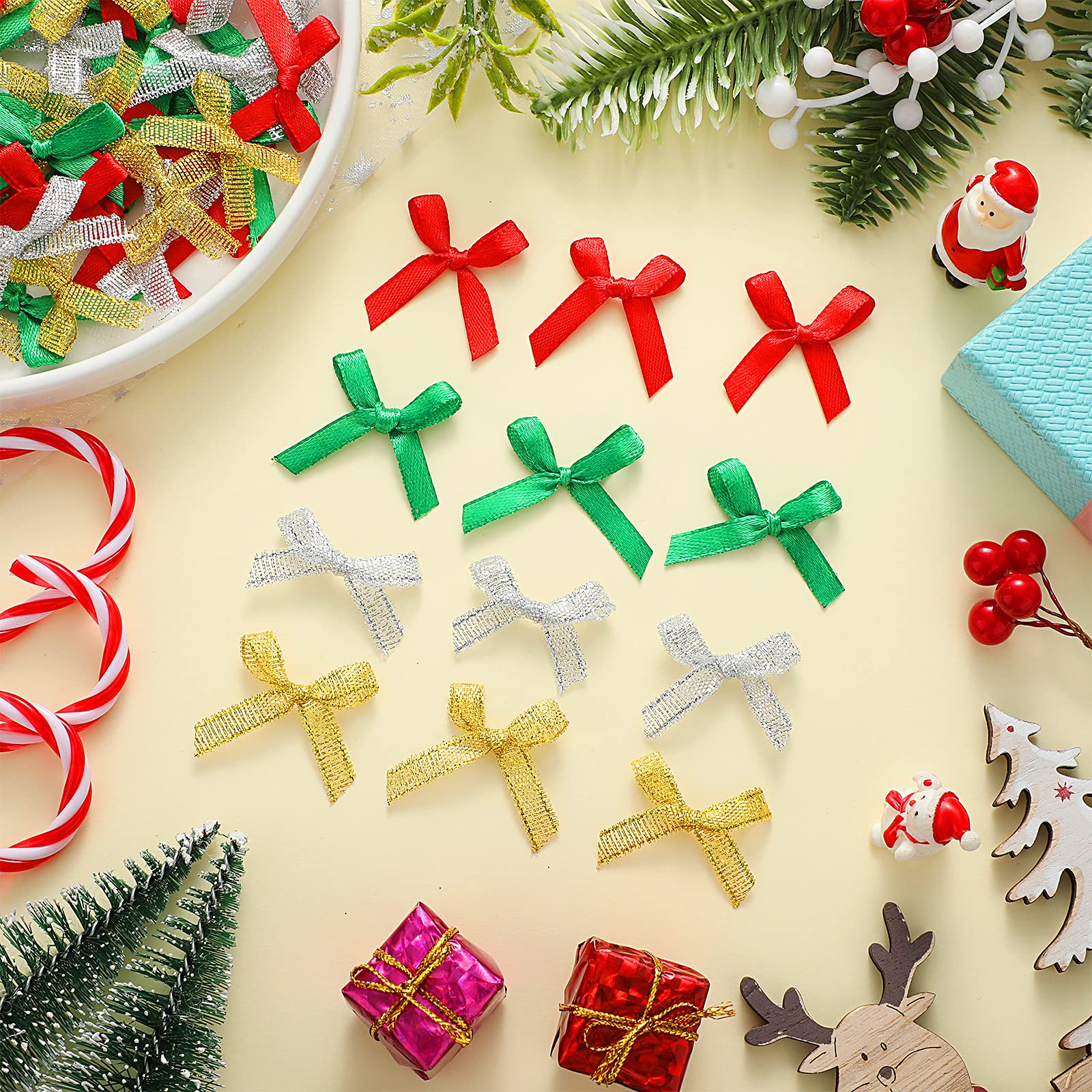 Christmas Mini Satin Bows - 200pcs for DIY Crafts & Wreaths (Red/Green/Silver) - Perfect for Holiday Decorations