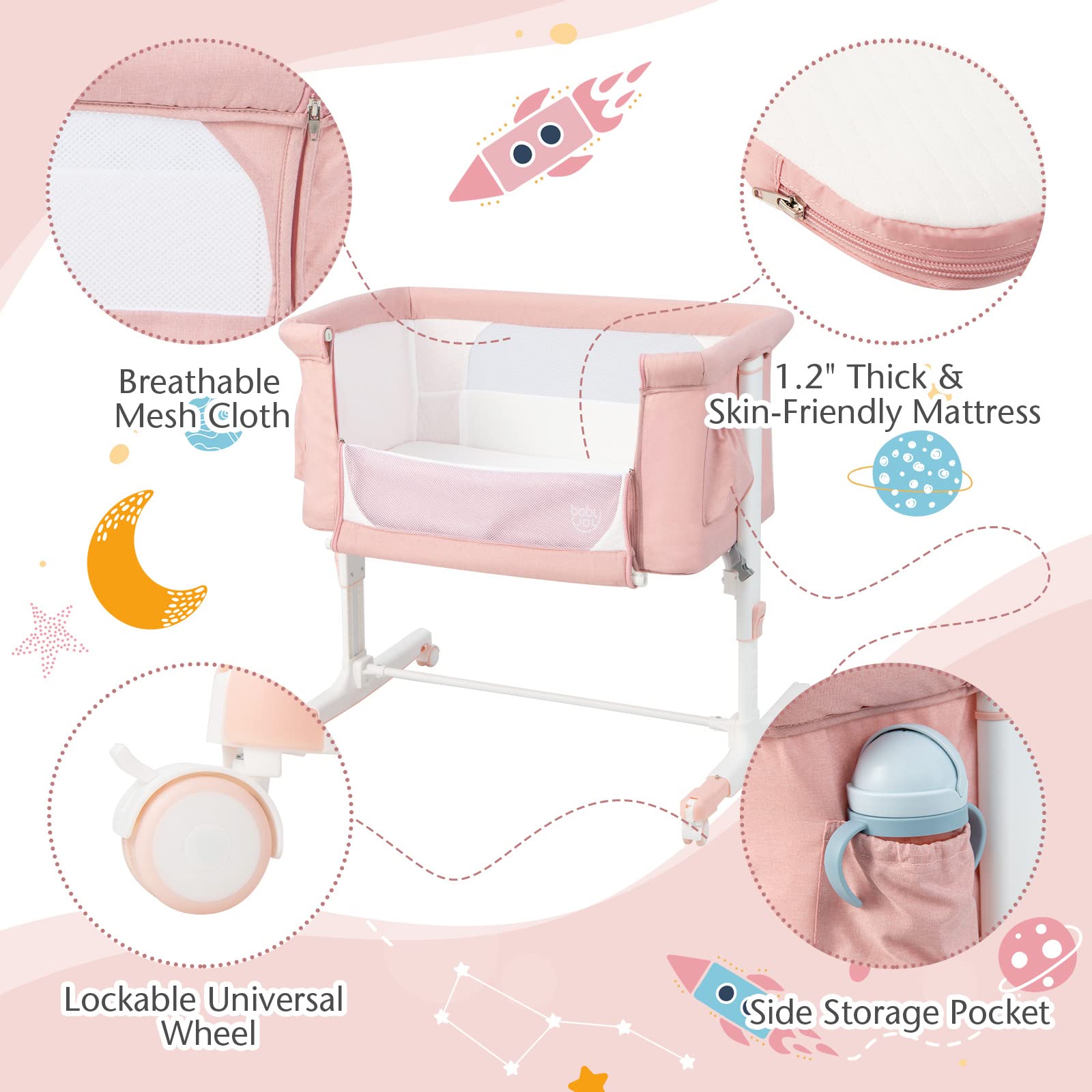 BABY JOY 3-in-1 Adjustable Height Folding Baby Bassinet Bedside Sleeper with Mattress, Lockable Wheels, Storage Pocket & Carry Bag - Portable Crib for Newborn Infants - Nursery, Bedroom & Travel Use (Pink)