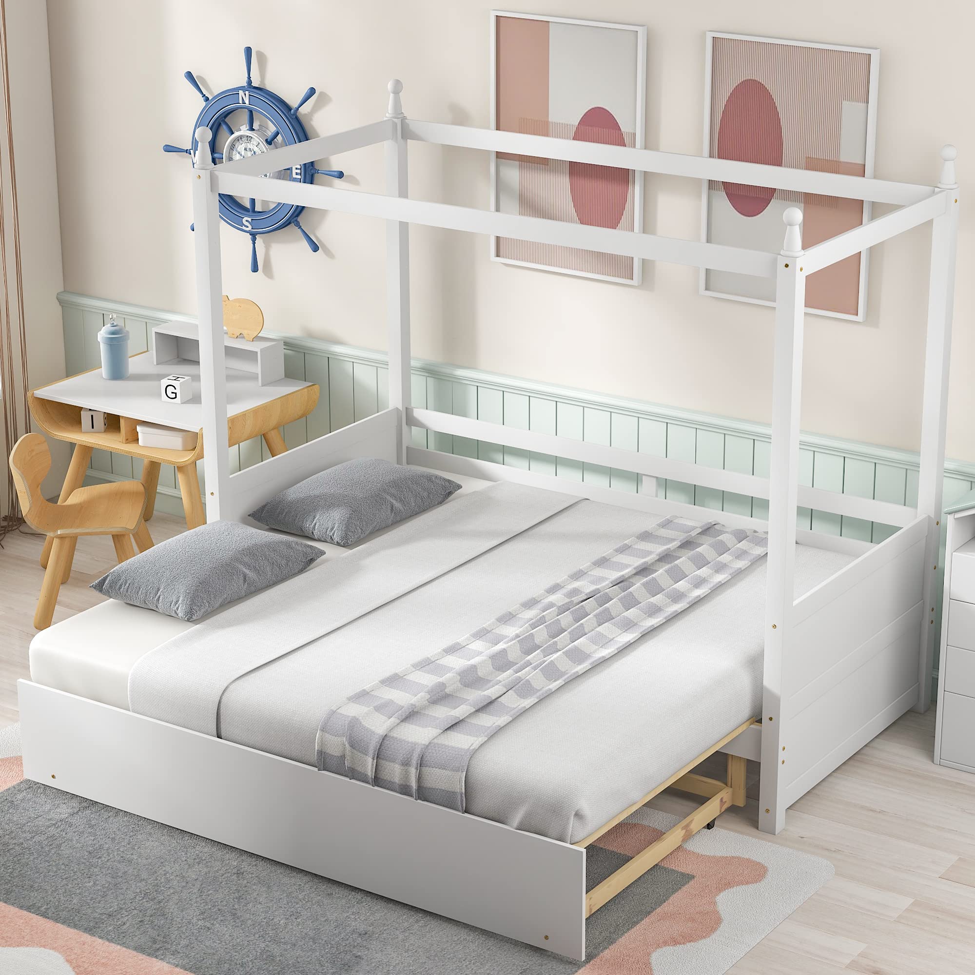 P PURLOVE Twin Size Canopy Platform Bed Frame with Trundle - Solid Wood Platform Bed with Pull-Out Storage, Four-Poster Canopy Bed for Kids & Teens - Perfect for Small Bedrooms, Guest Rooms & Sleepovers
