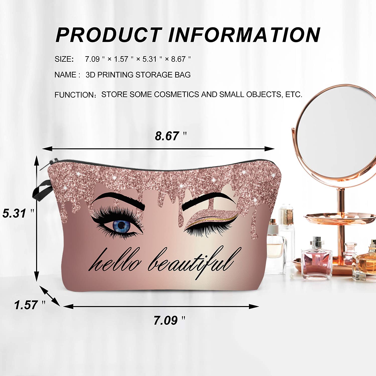 Hello Beautiful Inspirational Makeup Bag for Women - Small Cosmetic Pouch for Purse, Travel Toiletry Organizer, Boho Funny Gift - Perfect for Daily Use, Travel & Gym Accessories