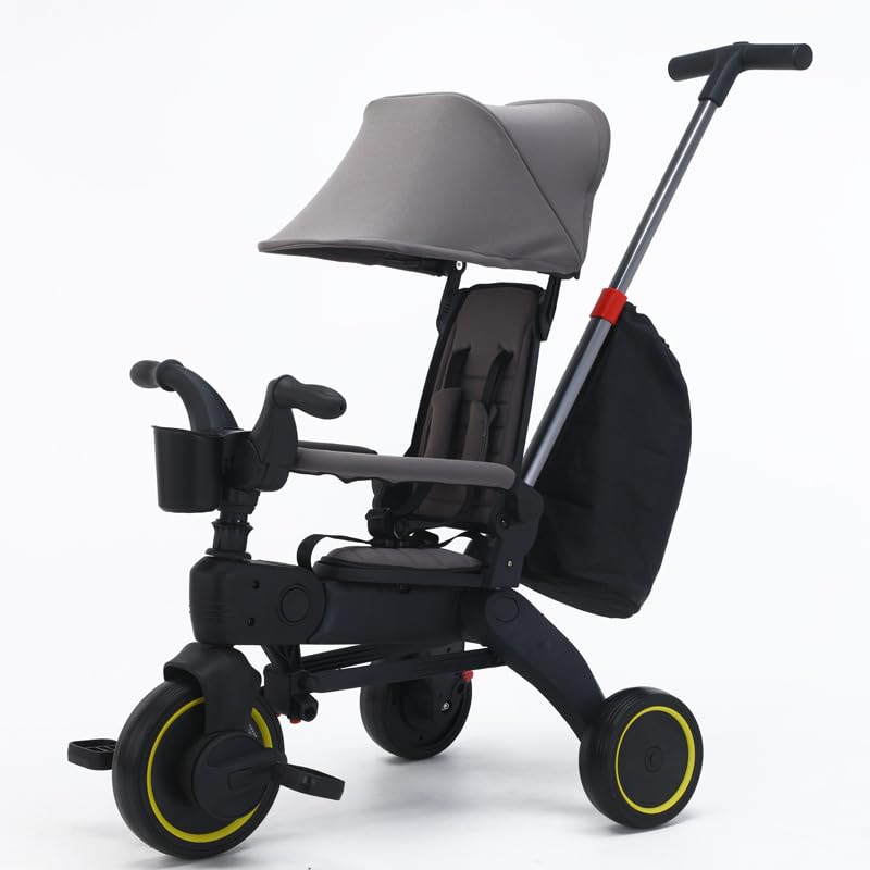 5-in-1 Foldable Baby Tricycle with Removable Push Handle & Safety Harness - Adjustable Rotating Seat, Canopy & Storage Bag - Compact Toddler Bike for 1-3 Year Olds (Gray) - Perfect for Park Rides, Outdoor Play & Learning to Pedal