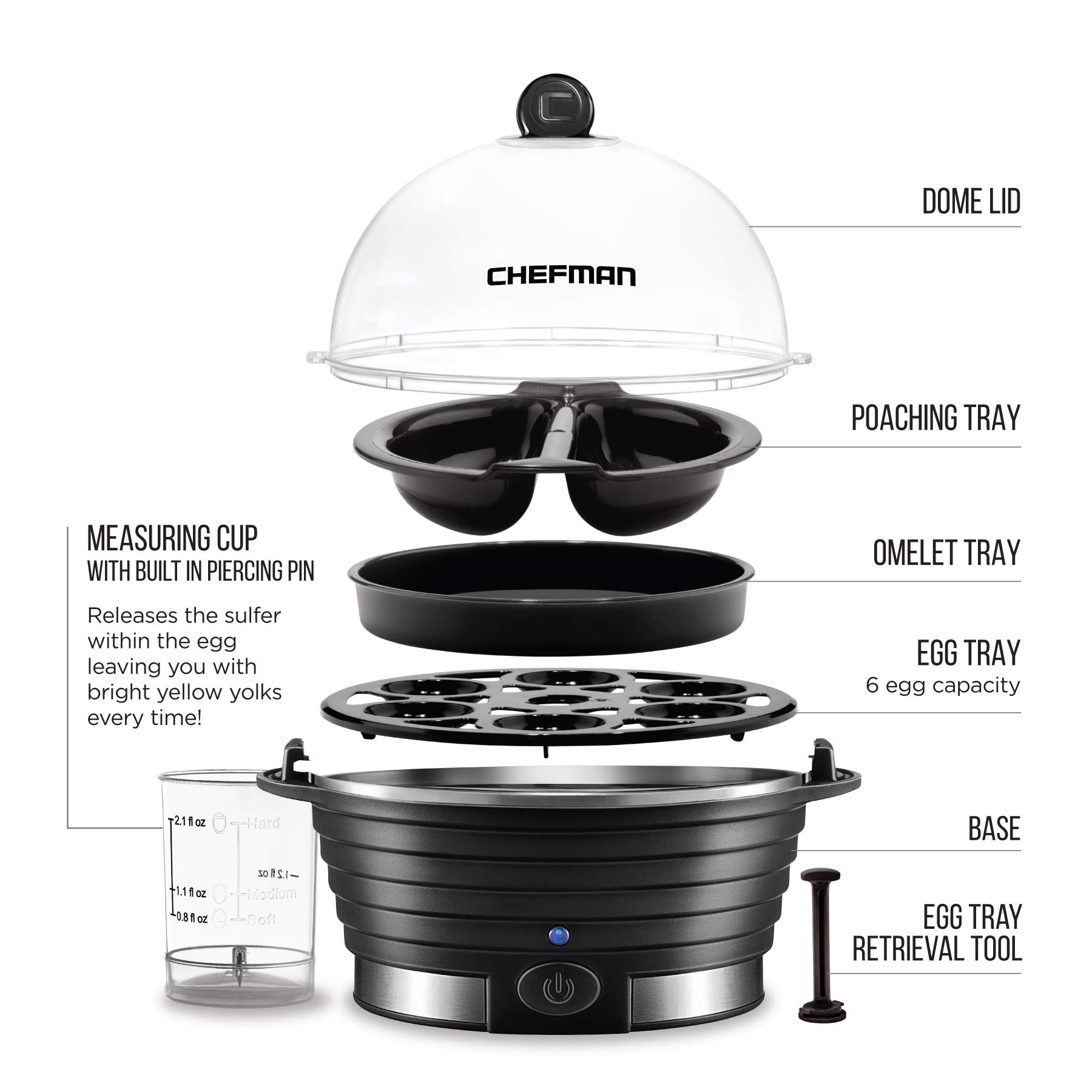 Chefman Electric Egg Cooker & Vegetable Steamer - Fast 6-Egg Capacity for Hard, Medium or Soft Boiled Eggs - Includes Poaching & Omelet Trays - BPA-Free, Ready Signal - Perfect for Breakfast Meal Prep & Healthy Cooking (Black)