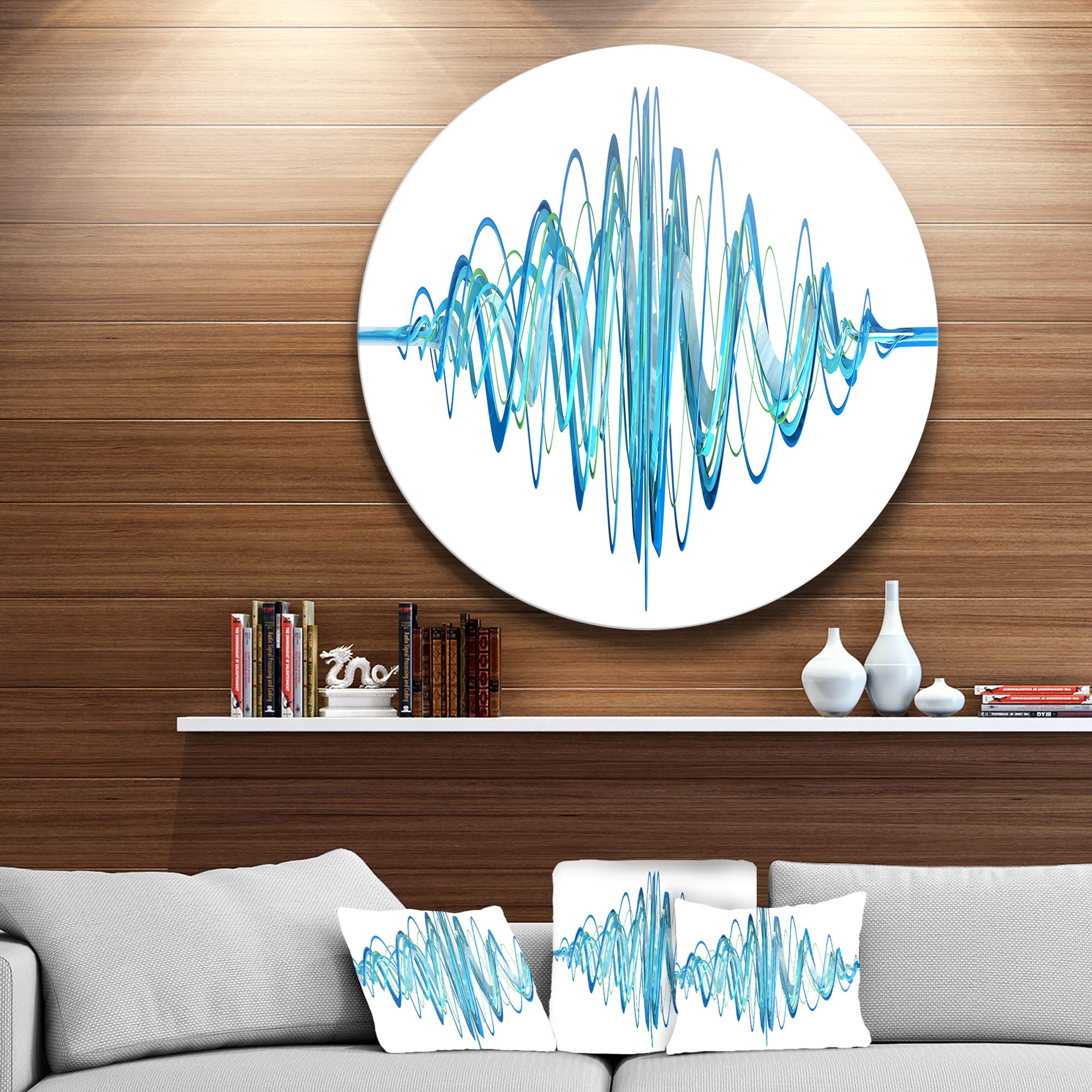 DesignArt Blue Abstract Round Metal Wall Art with Wave Pattern - Modern Home Decor for Living Room, Bedroom, or Office