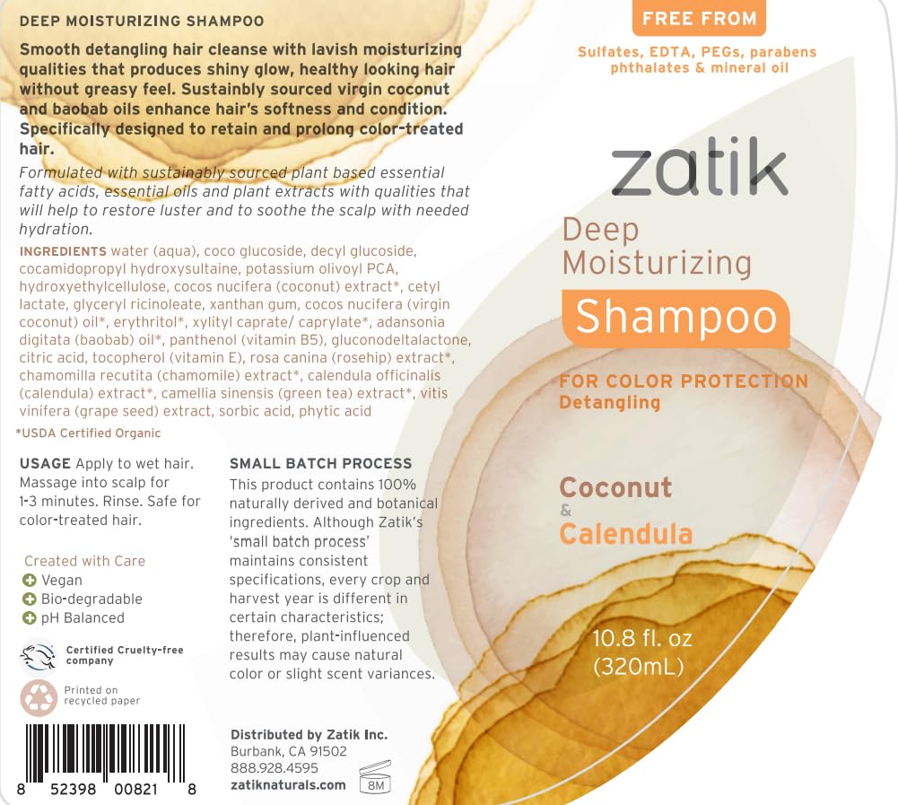 Zatik Naturals Deep Moisturizing Shampoo with Coconut & Calendula - Vegan, Sulfate-Free, pH Balanced Shampoo for Color-Treated & Dry Hair - Biodegradable, Phthalate-Free, No Synthetic Fragrances - 10.8 Fl Oz - Perfect for Daily Hydration & Hair Repair