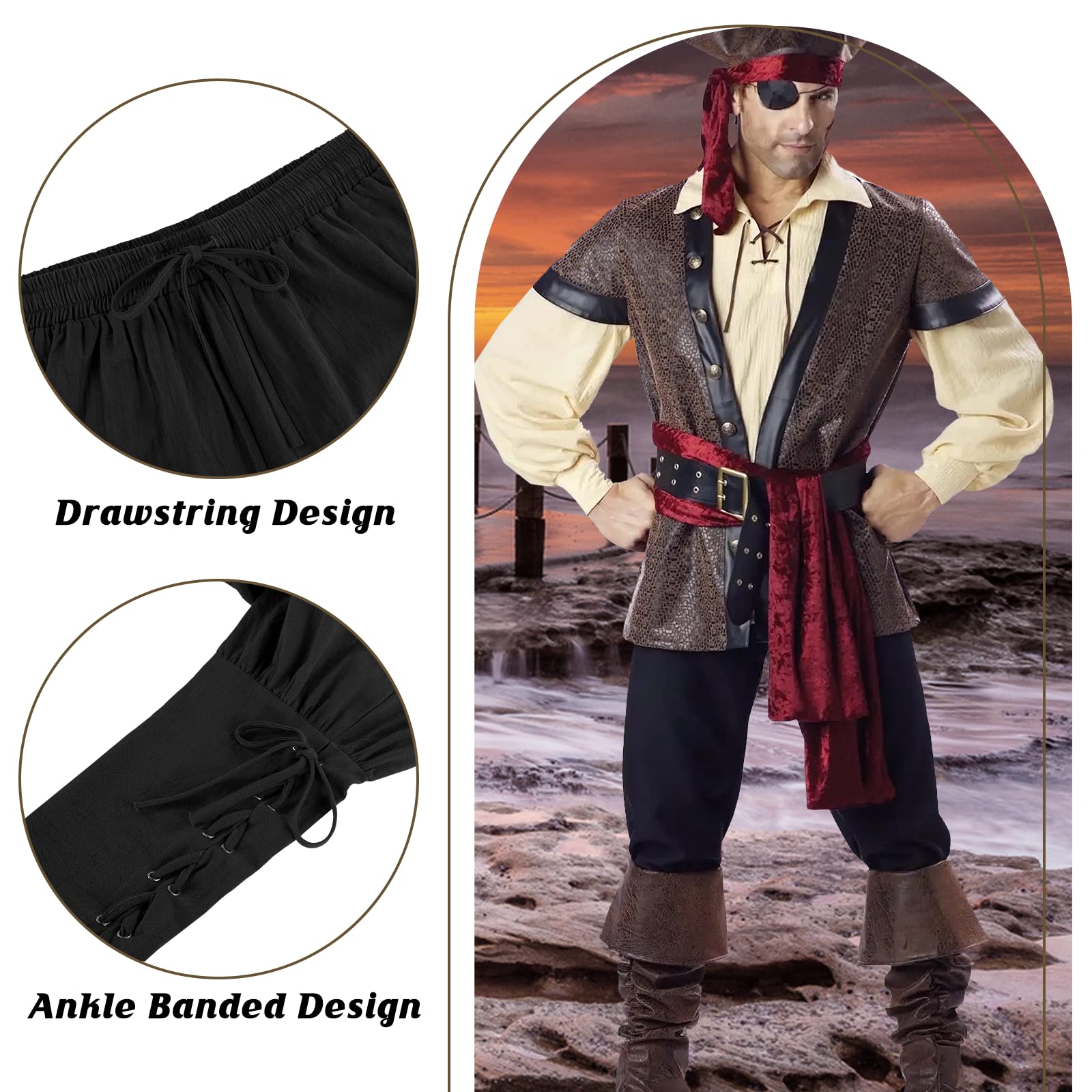Men's Pirate Pants - Medieval Viking Navigator Cosplay Costume with Drawstring Ankle Bands | Perfect for Renaissance Fairs, Halloween Parties & LARP Events