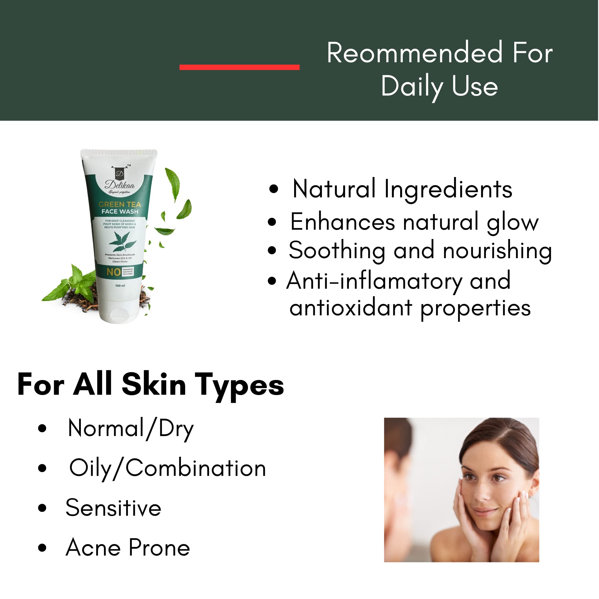 Delikaa Green Tea Face Wash with Neem, Tea Tree Oil, Amla & Turmeric - Deep Cleansing for Acne-Prone Skin, Removes Dirt & Prevents Breakouts (100ml) - Perfect for Daily Skincare Routine & Oily/Combination Skin Care