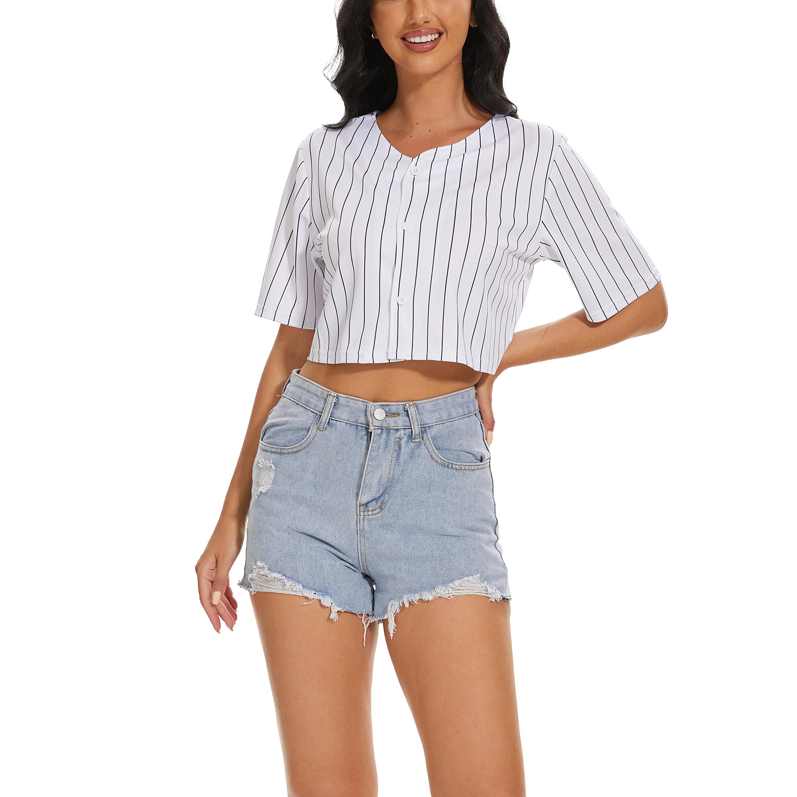 Women's Baseball Jersey Short Sleeve Crop Top - Blank Button Up Casual Softball Shirt | Athletic Activewear Tee for Summer Sports & Streetwear Fashion