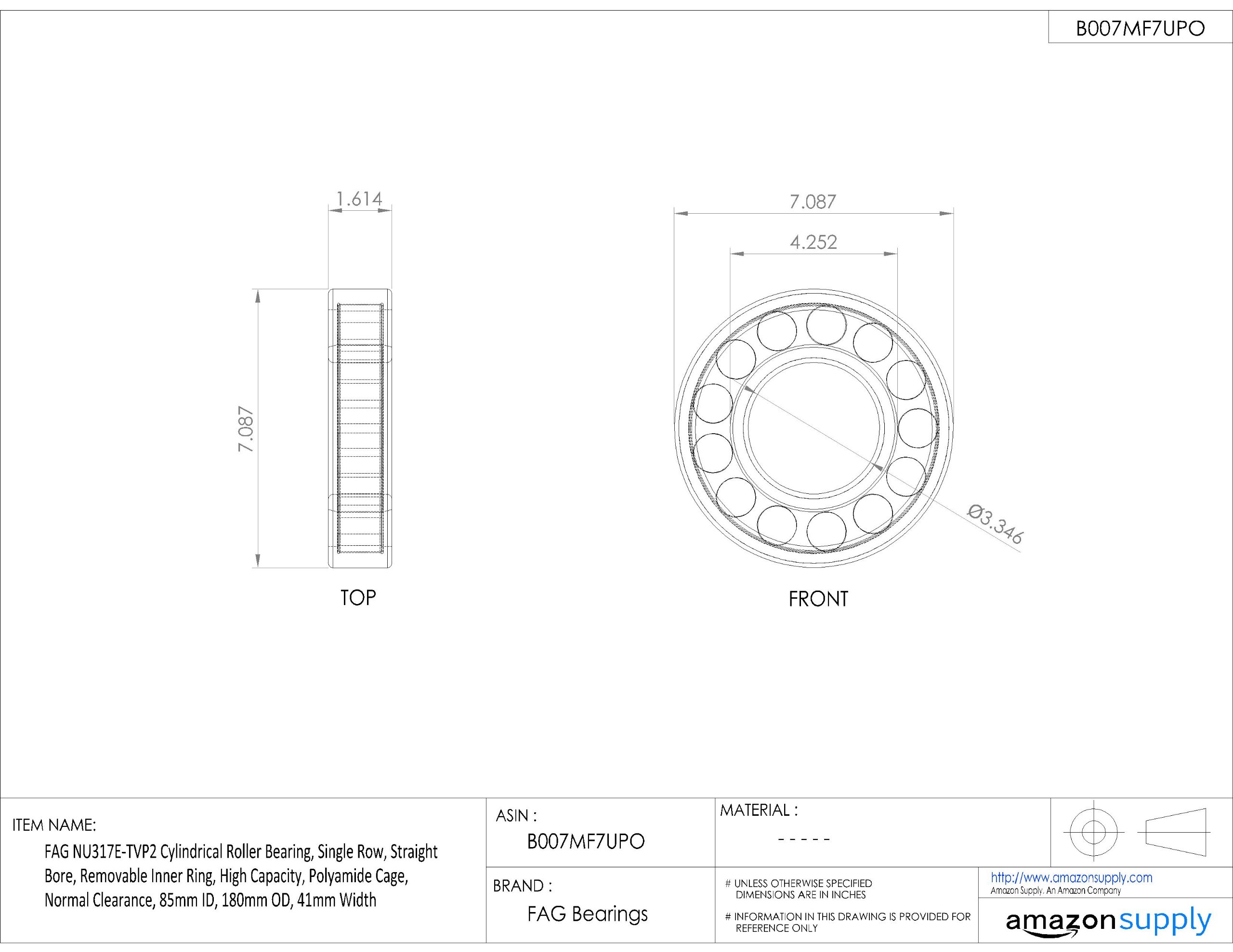 FAG NU317E-TVP2 Single Row Cylindrical Roller Bearing - 85mm ID, 180mm OD, 41mm Width - High Capacity with Polyamide Cage & Removable Inner Ring - Perfect for Industrial Machinery, Heavy Equipment & Automotive Applications