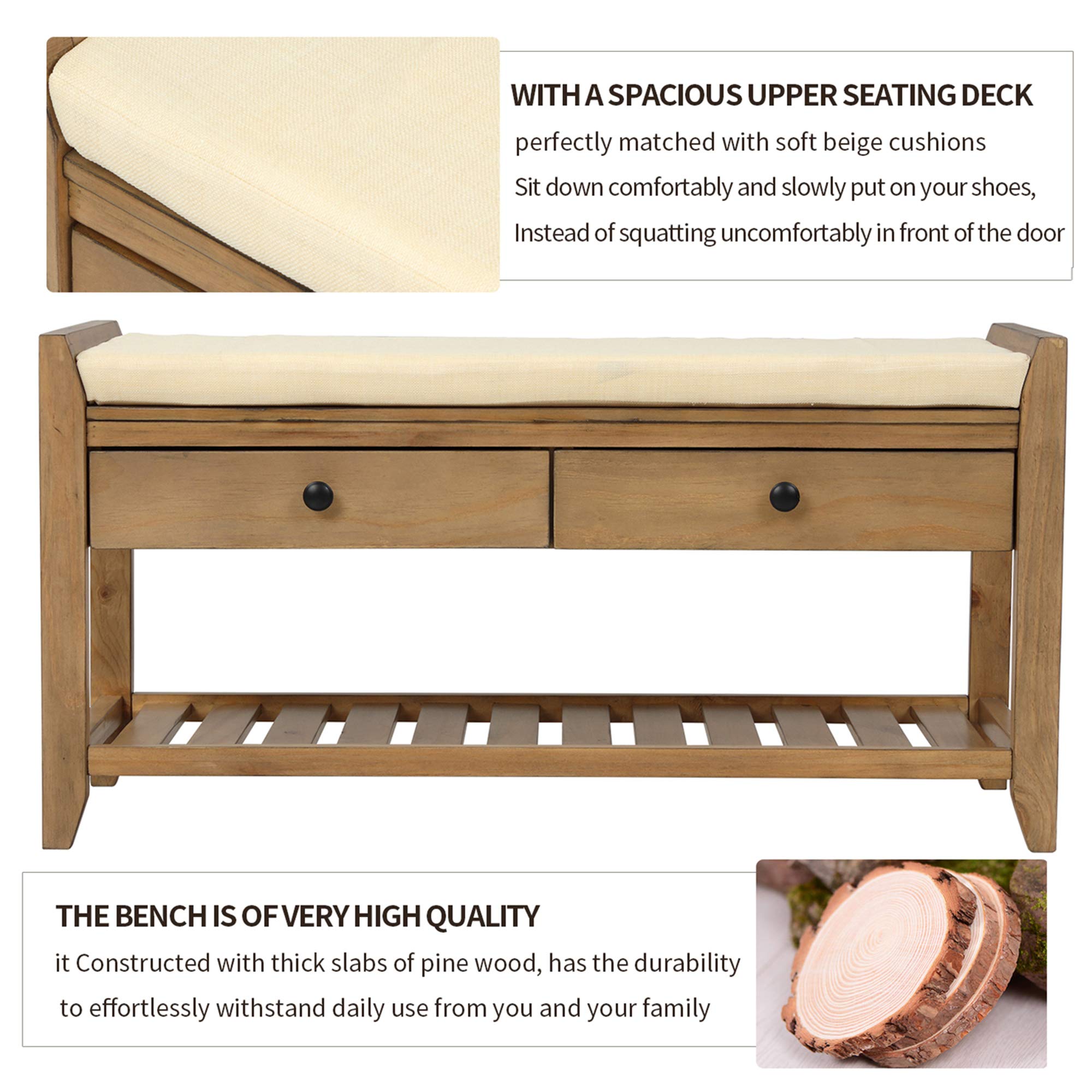 P PURLOVE Entryway Storage Bench with Cushioned Seat - Shoe Rack with 2 Drawers & Storage Shelf - Old Pine Finish - Perfect for Entryway, Mudroom, or Bedroom Organization