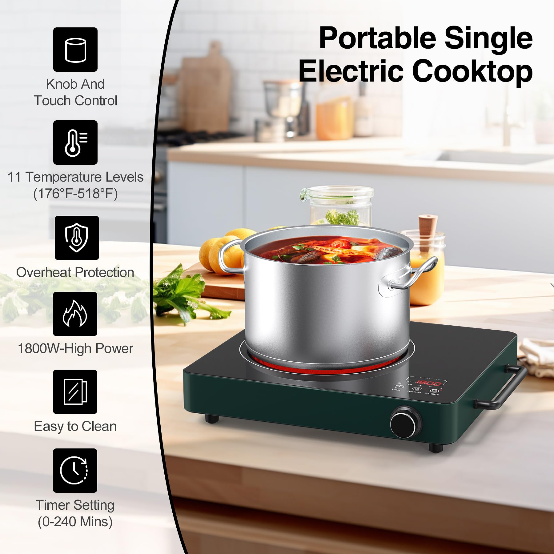 VBGK 1800W Electric Induction Cooktop with 9 Power Levels & Timer - Single Burner Portable Stove with Knob Control (110-120V) for Home Kitchen, Dorm, Camping & RV Cooking