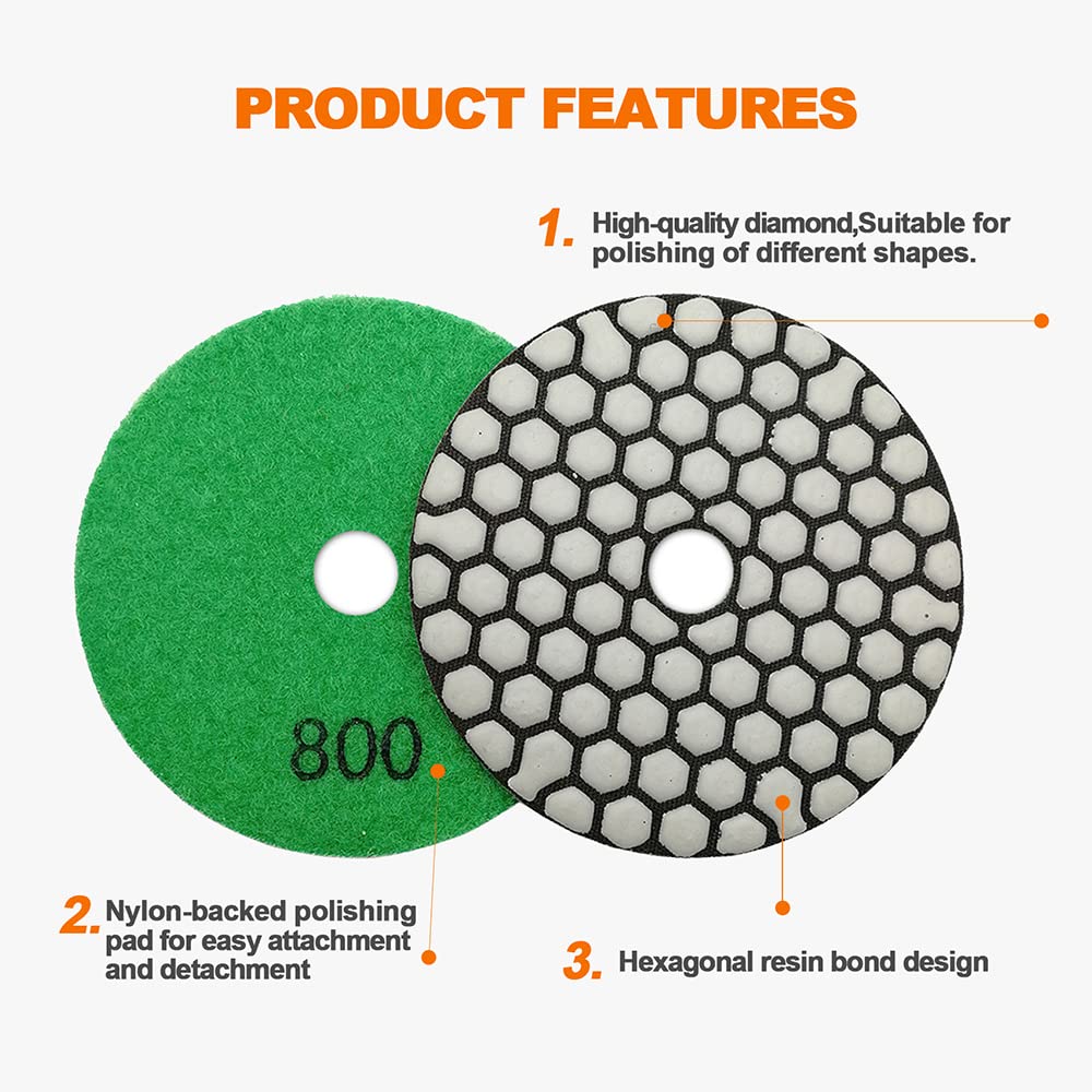 7pcs 4 Inch Diamond Polishing Pads Set #800 Grit for Stone, Marble, Quartz, Granite - Wet/Dry Sanding Discs for Countertop Polishing - Compatible with Grinders & Polishers - Perfect for DIY Home Renovation & Professional Stone Restoration