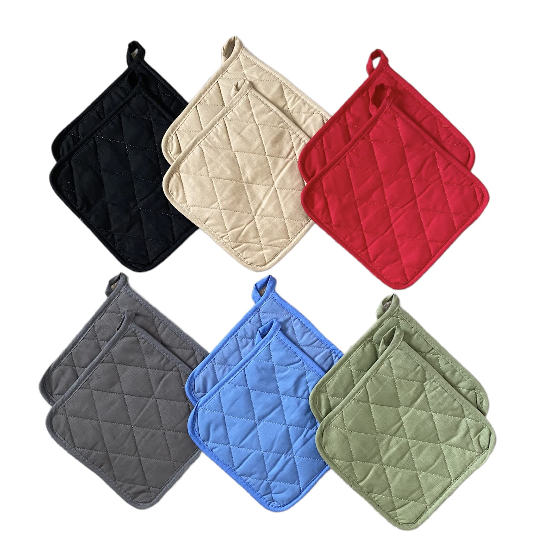 12 Pack 8x8 Inch Square Pot Holders - 100% Cotton Heat Resistant Kitchen Hot Pads for Cooking, Baking & Grilling - Machine Washable with Hanging Loops - Perfect for Home, Camping & Outdoor BBQ Use