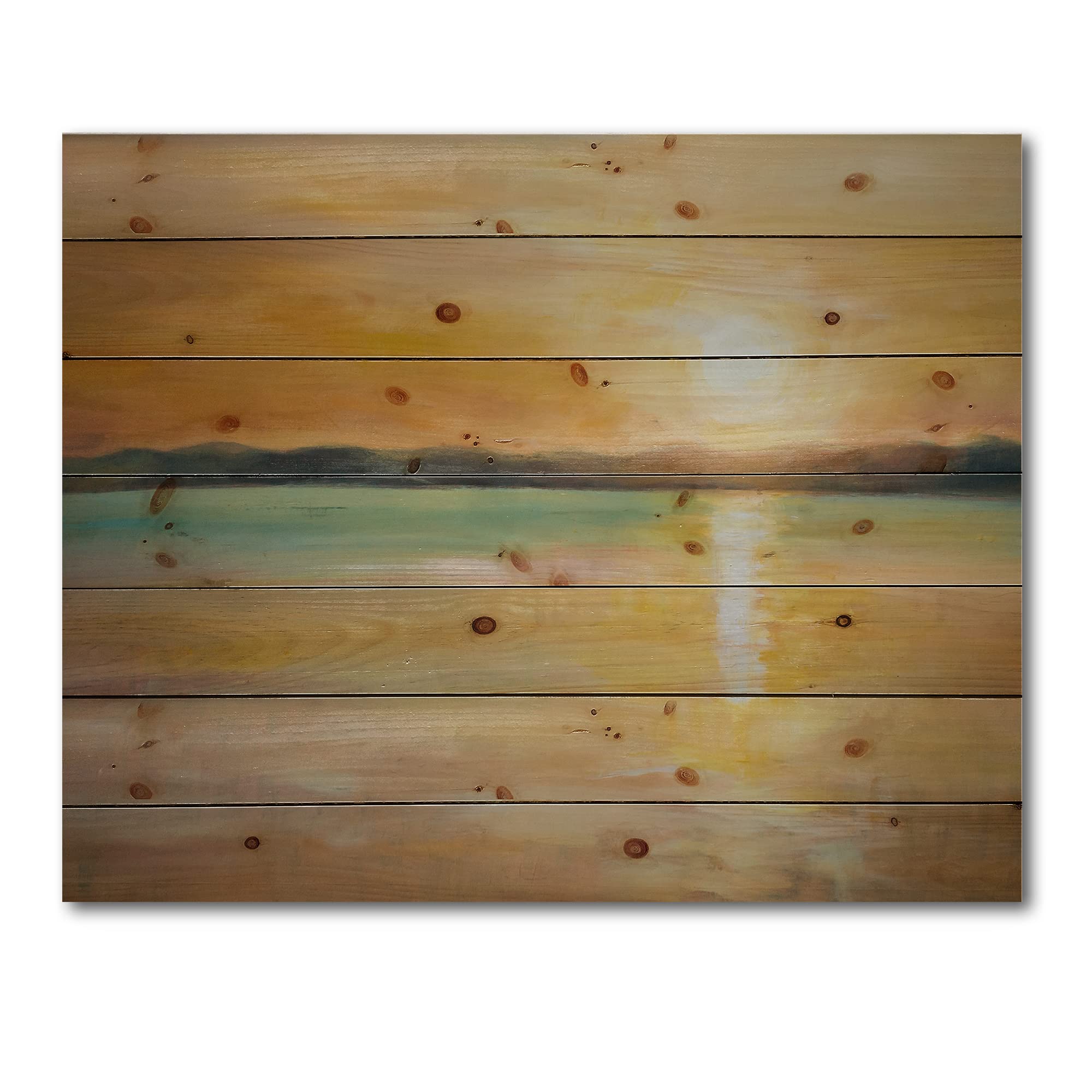 DesignQ Yellow Sunset At The Horizon Nautical Coastal Wood Wall Art - Large Beach Wood Panel Decor Printed on Natural Pine - Perfect for Coastal Living Rooms, Beach House Decor & Ocean-Themed Bedrooms