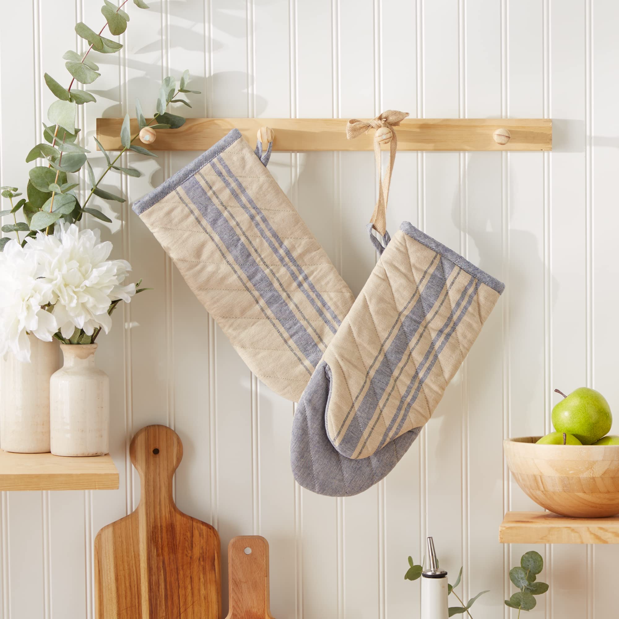 DII French Stripe Oven Mitts Set of 2 - Nautical Blue Kitchen Collection - Heat Resistant Baking Gloves for Cooking, Grilling & Baking - Perfect for Home Kitchen & BBQ Parties