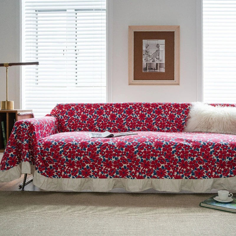 Bohemian Floral Sofa Slipcover with Ruffled Trim - Tribal Print Couch Cover for Living Room Decor, Home Styling & Comfort