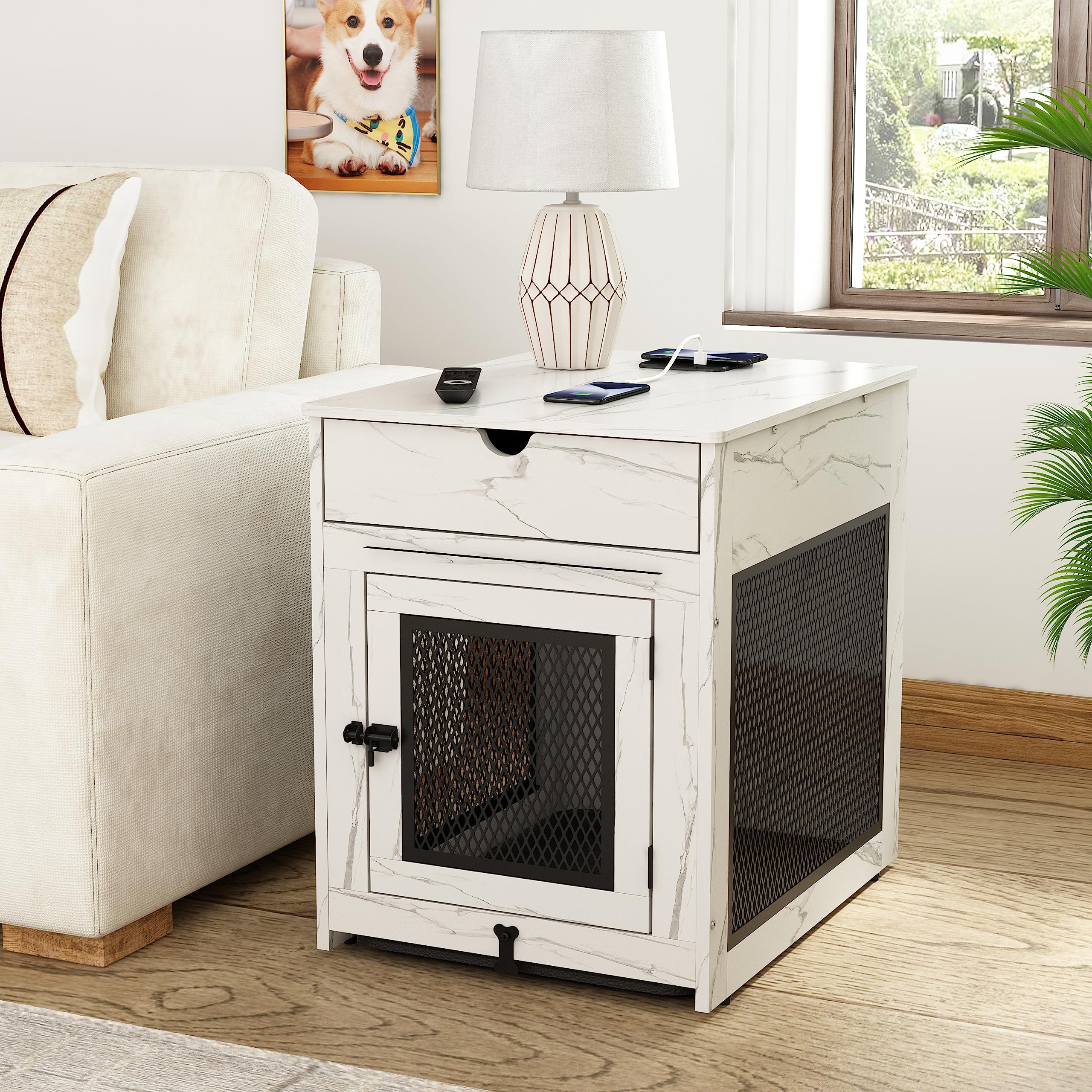 Piskyet Wooden Dog Crate Furniture - Indoor Kennel with Storage Drawer, Cushion & Tray, Dual USB & Wireless Charging - End Table for Small Dogs (Marble White) | Perfect for Living Room, Bedroom & Pet-Friendly Home Decor